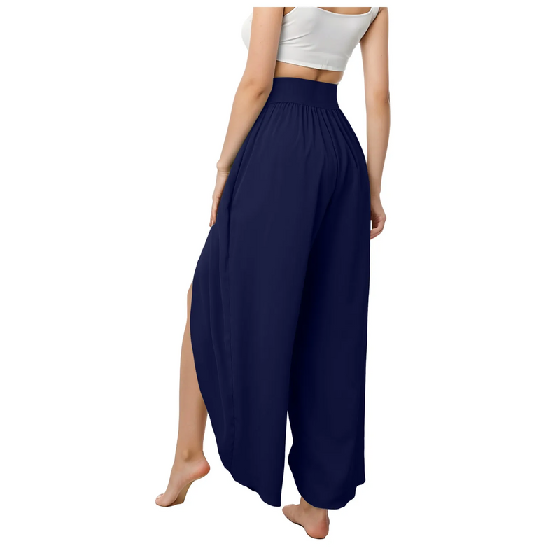 High-Waisted Loose Split Boho Palazzo Pants – Front Slit, Pleated, Plus-Size Beach & Yoga Essential