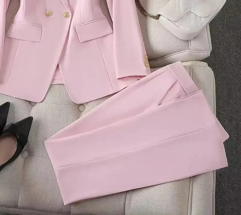 White Women's Double Breasted Business Suit – Western-Style Long Trousers Set for High-End Work Occasions