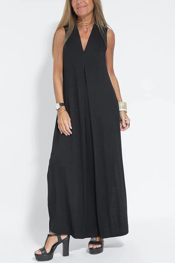 Chic V-Neck Dress & Cardigan Set – Sleeveless Long Vest Dress with Fall-Ready Casual Layered Elegance