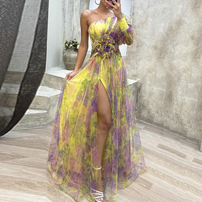 Mesh Tie Dye One-Shoulder Ball Gown with Slit – Floral Mesh Bubble Sleeve Split Evening Dress for Glamorous Events