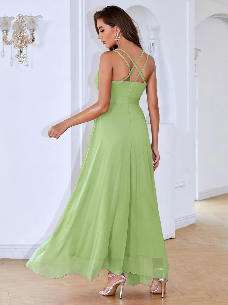 Unithorse Solid Criss Cross Belted Chiffon Dress – Elegant Flowy V-Neck Fit for Chic Summer Days and Effortless Style