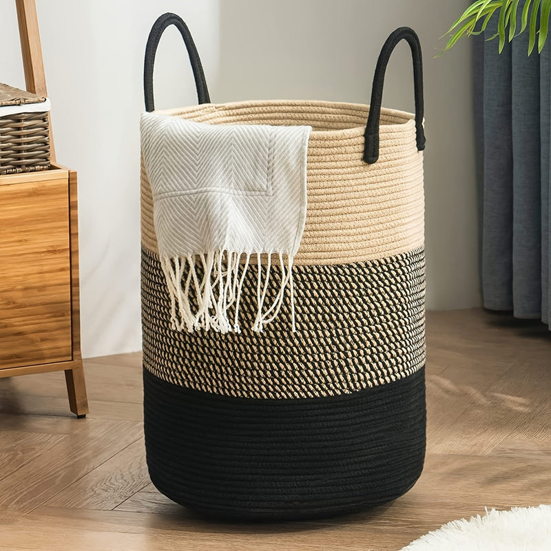 Woven Tall Rope Laundry Hamper – Large 15x20 Inch Dirty Clothes Basket with Handles for Stylish Home or Toy Storage Solution