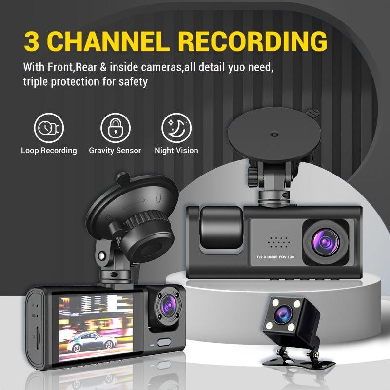 3 Channel Dash Cam Front And Rear Inside, 1080P Dash IR Night Vision, Loop Recording Car DVR Camera With 2 Inch IPS Screen 3 Cameras Car Dashcam