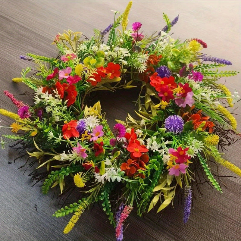 Spring & Summer Wildflower Wreath – Artificial Ranunculus Flower Front Door Decoration with Eternal Blooms and Fresh Green Botanical Accents