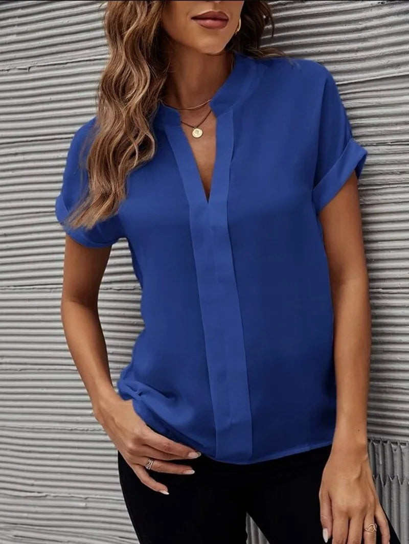Chiffon V-Neck Workwear Blouse – Loose Short-Sleeved Shirt for Women’s Business Casual Summer Style