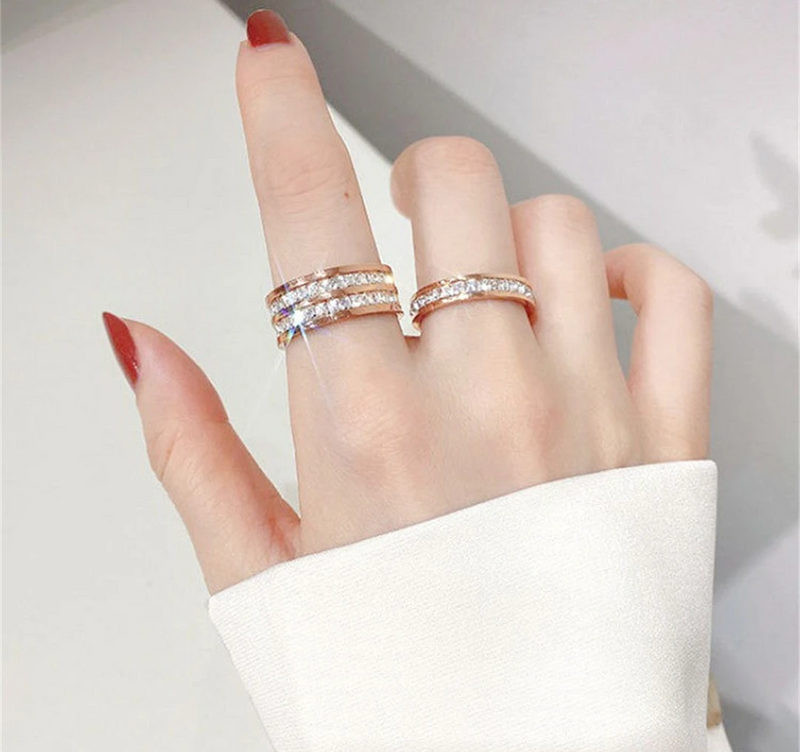 Romantic Double Row Rose Gold Couple Ring - Sparkling Zircon Stainless Steel Engagement Jewelry