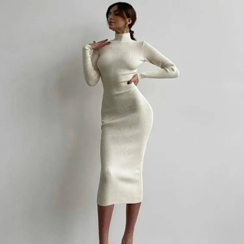 Turtleneck Knitted Midi Dress – Long Sleeve Bodycon Fit for Flawless Autumn & Winter Fashion Statements