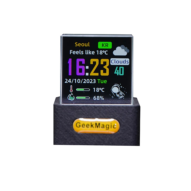 Smart Weather Station with Digital Clock - Glass Cube Holographic Photo Display & Animated GIF Album for Stylish Modern Desktops