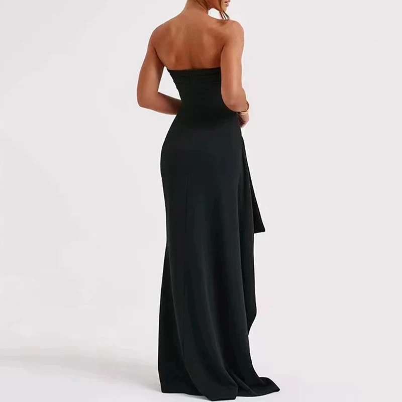 Strapless High-Slit Black Long Dress – Sexy Backless Evening Gown for Parties, Summer Nights & Casual Chic