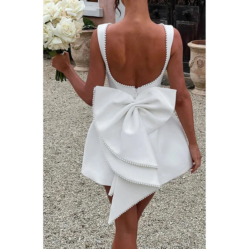 White Pearl Big Bow Backless Mini Dress – Sexy 2024 A-Line Bodycon for Elegant Evenings, Parties & Date Nights