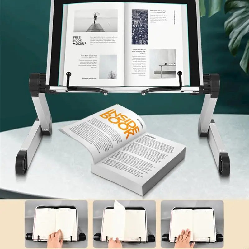 Adjustable Desk Book Stand – 360° Foldable Reading Holder with Clips for Study, Cookbooks, & Desk Organization