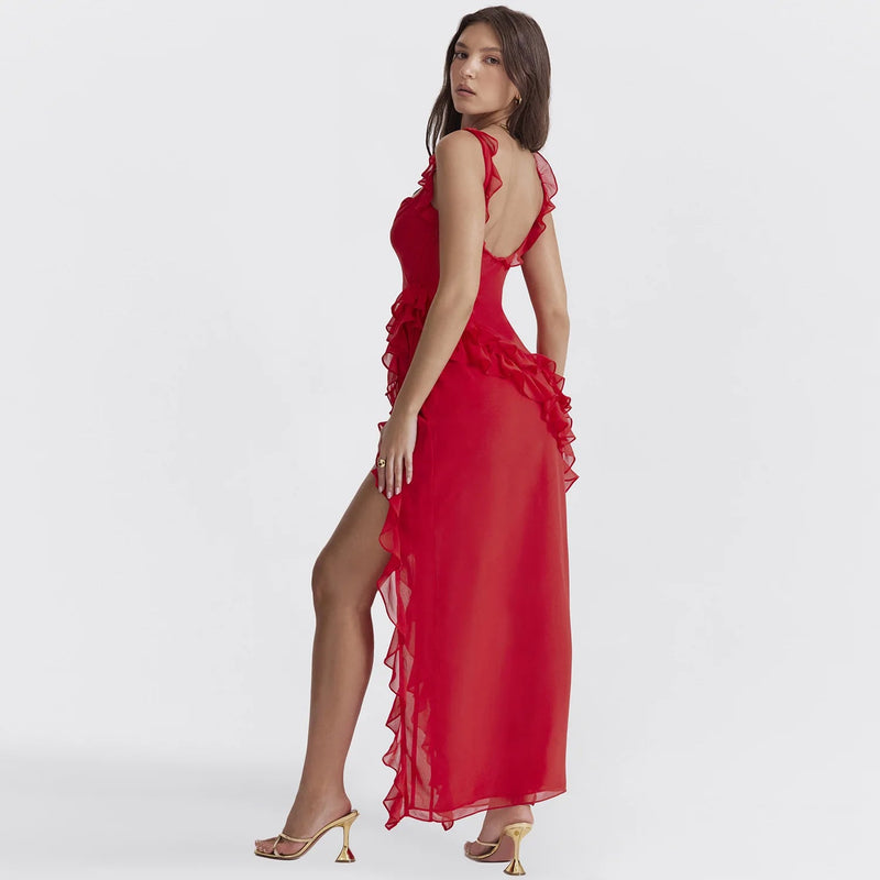Sexy Spaghetti Strap Thigh High Split Bodycon Dress – Backless, Low-Cut Ruffle Gown for Elegant Evening & Party Glamour