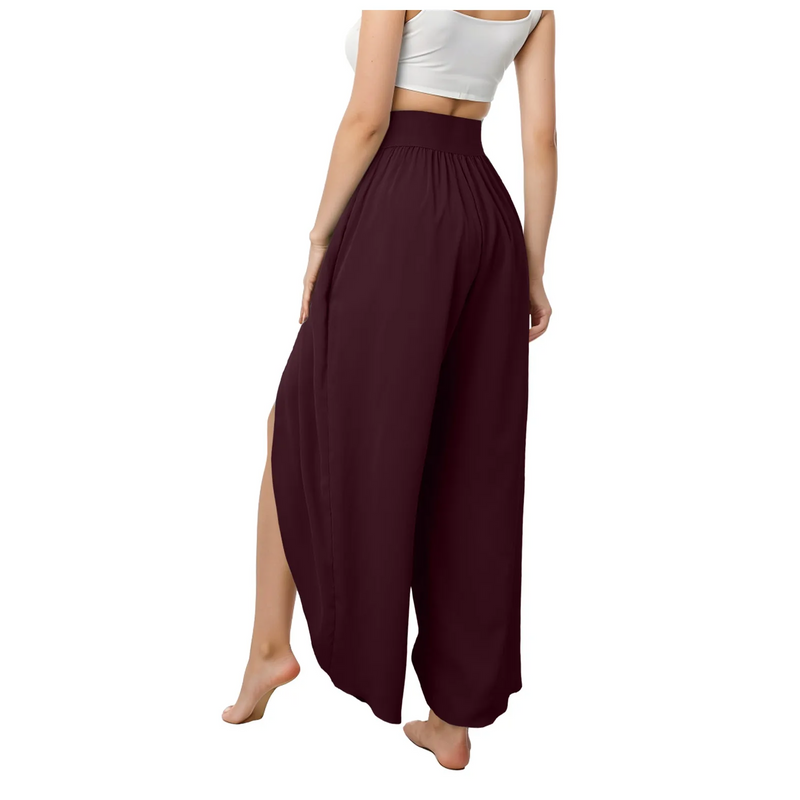 High-Waisted Loose Split Boho Palazzo Pants – Front Slit, Pleated, Plus-Size Beach & Yoga Essential