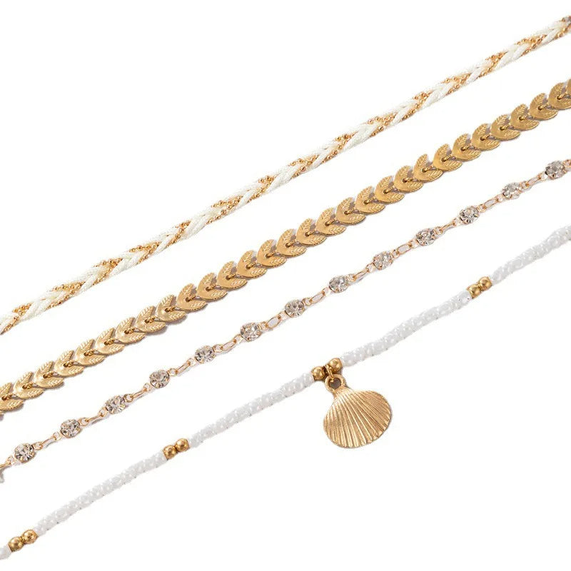 Tocona Bohemian Woven Rope Anklet Set – 4pcs Beaded, Shell, Multilayer Leaf Charms for Beach Style & Summer Wanderlust