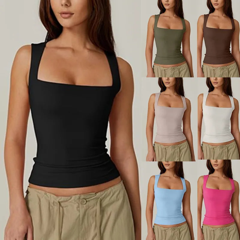 Square Neck Sleeveless Tank Top – Summer Double Layer Basic Tee for Beach Days & Stylish Seaside Escapes