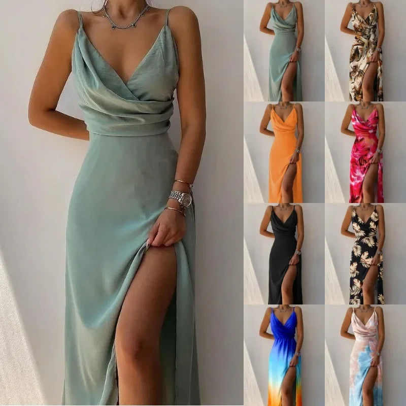 Sexy V-Neck Printed Dress with Slit – Sleeveless A-Line Camisole for Elegant Summer Evenings