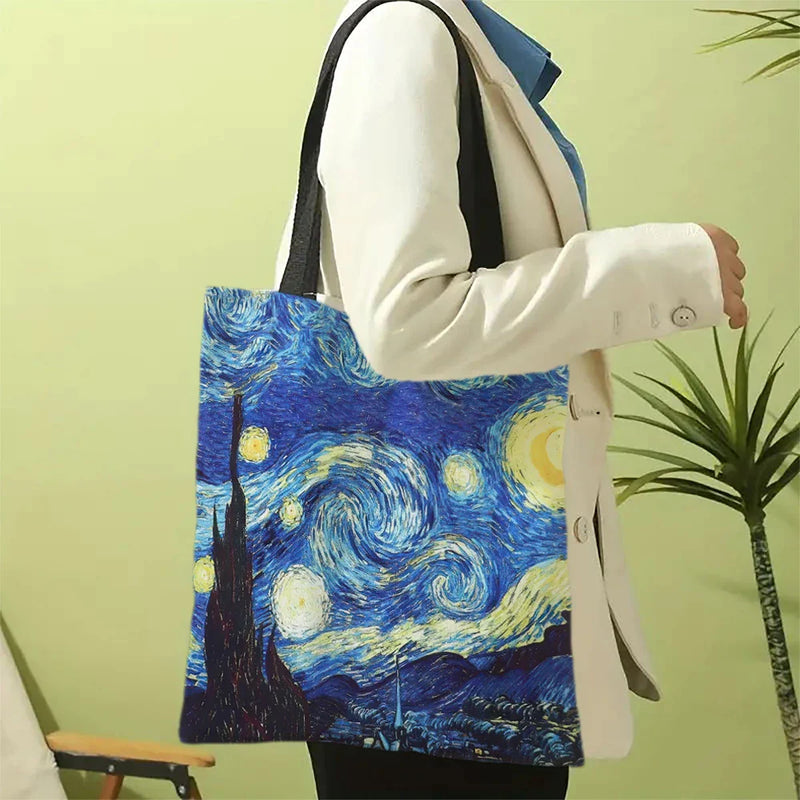 Van Gogh Canvas Tote Bag – Artistic Oil Painting Print Handbag Featuring Starry Night, Sunflowers & More, 30x35cm Carry-All