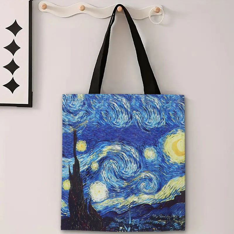 Van Gogh Canvas Tote Bag – Artistic Oil Painting Print Handbag Featuring Starry Night, Sunflowers & More, 30x35cm Carry-All
