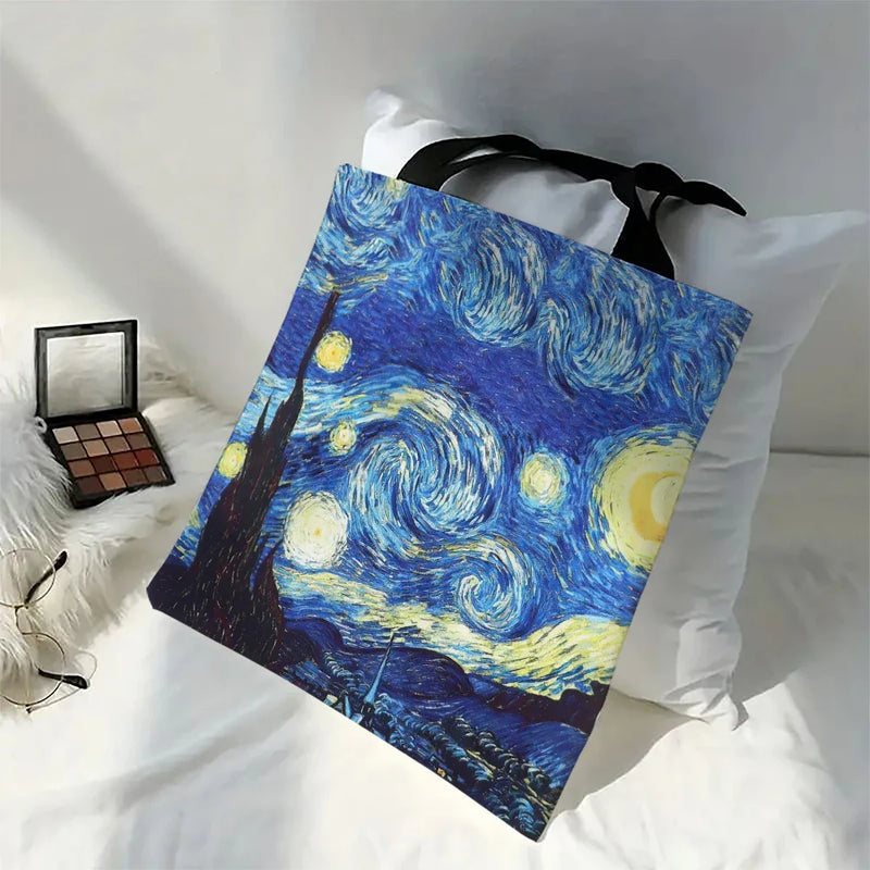 Van Gogh Canvas Tote Bag – Artistic Oil Painting Print Handbag Featuring Starry Night, Sunflowers & More, 30x35cm Carry-All
