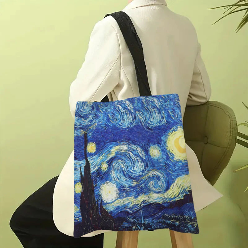 Van Gogh Canvas Tote Bag – Artistic Oil Painting Print Handbag Featuring Starry Night, Sunflowers & More, 30x35cm Carry-All