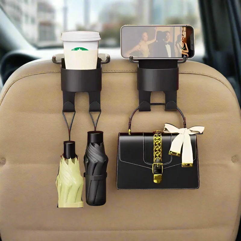 Car Hook Seat Back Organizer – Cup Holder and Storage Box Keeps Rear Seat Essentials in Place and Mess-Free