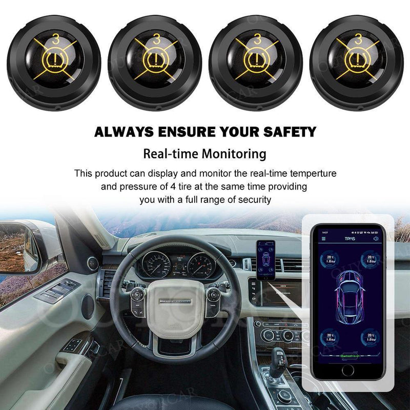 External Tire Pressure Monitor Supports Bluetooth 5.0 - 4 External Sensors TPMS, Support iOS and Android, Real-Time Displays Pressure and Temperature