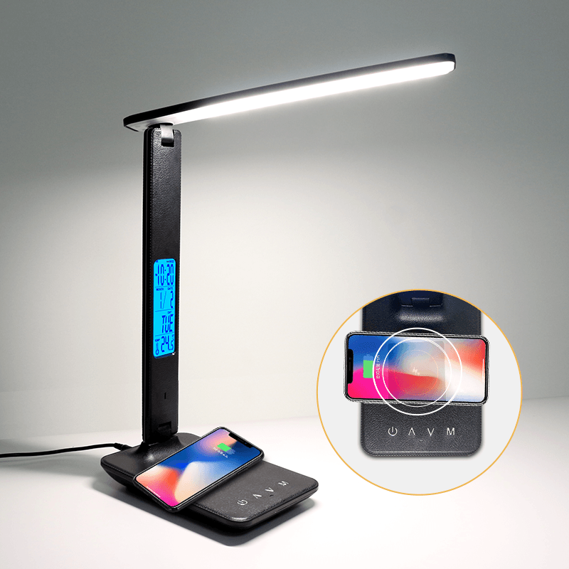 Wireless Charging LED Desk Lamp With Calendar Temperature Alarm Clock