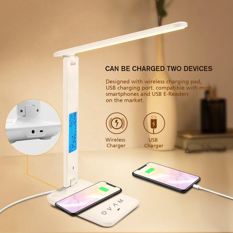 Wireless Charging LED Desk Lamp With Calendar Temperature Alarm Clock