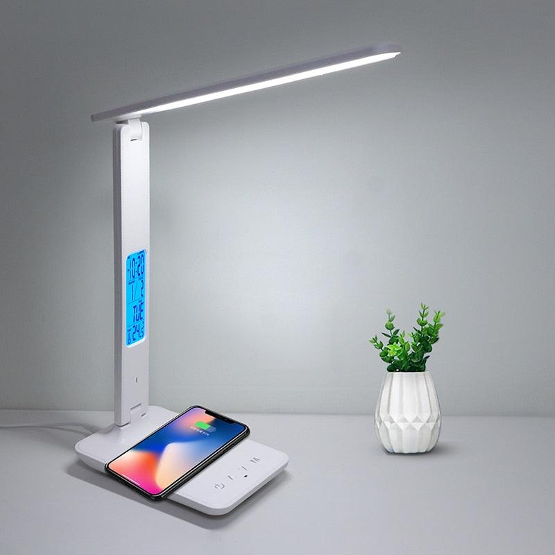 Wireless Charging LED Desk Lamp With Calendar Temperature Alarm Clock