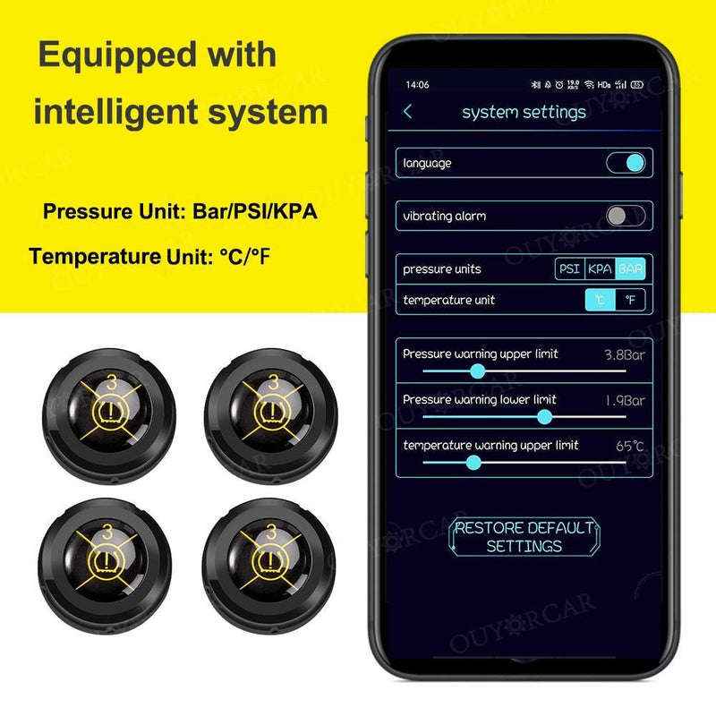 External Tire Pressure Monitor Supports Bluetooth 5.0 - 4 External Sensors TPMS, Support iOS and Android, Real-Time Displays Pressure and Temperature