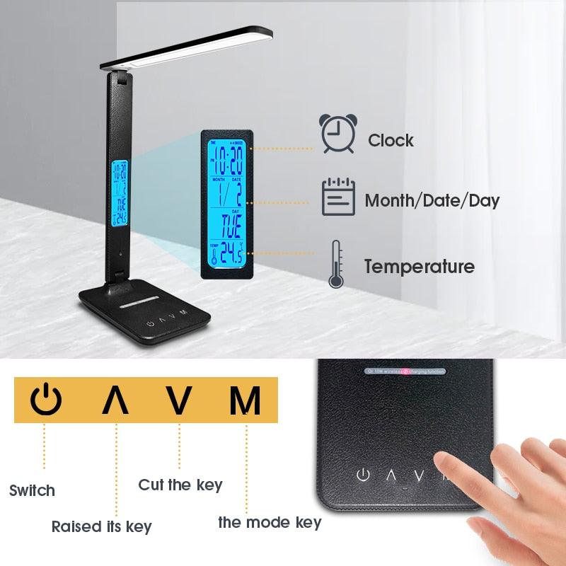 Wireless Charging LED Desk Lamp With Calendar Temperature Alarm Clock