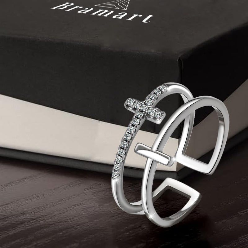 Double Cross Miniature Copper Inlaid Zircon Ring – ‘Pray Through It’ Zircon Band with Card Box for Women & Girls