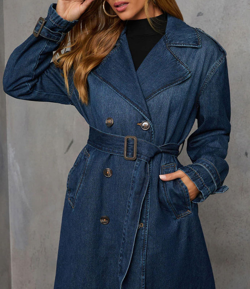 Women’s Long Denim Trench Coats- Autumn Belted Jacket with Elegant Double-Breasted Style