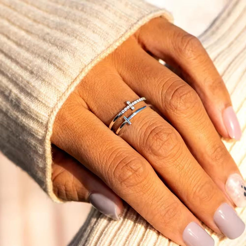 Double Cross Miniature Copper Inlaid Zircon Ring – ‘Pray Through It’ Zircon Band with Card Box for Women & Girls