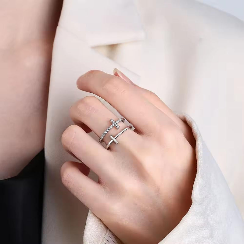 Double Cross Miniature Copper Inlaid Zircon Ring – ‘Pray Through It’ Zircon Band with Card Box for Women & Girls