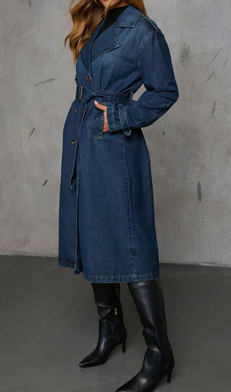 Women’s Long Denim Trench Coats- Autumn Belted Jacket with Elegant Double-Breasted Style
