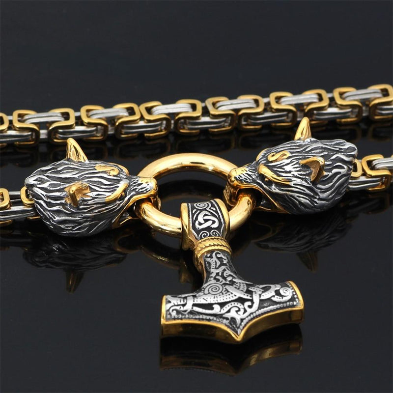 60–90 cm stainless steel double wolfskopf & mjolnir survival spirit necklace/bracelet