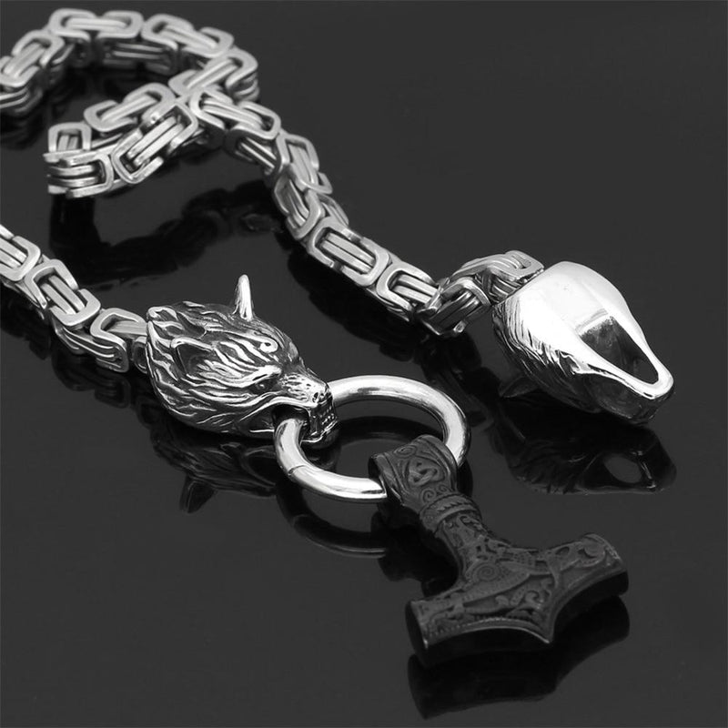 60–90 cm stainless steel double wolfskopf & mjolnir survival spirit necklace/bracelet