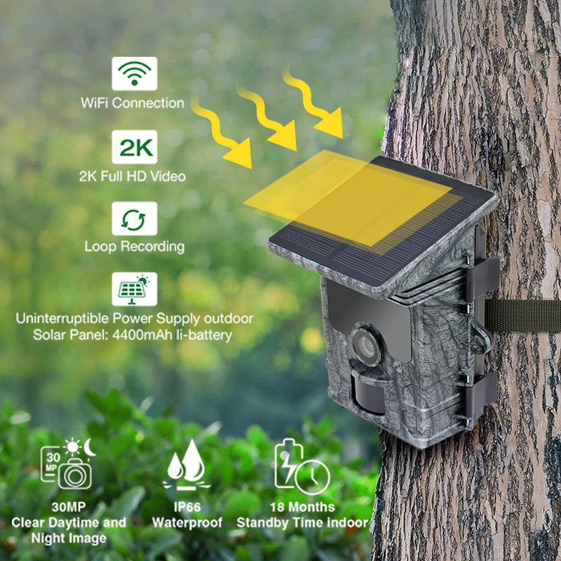 Solar Powered Security Camera, Solar Trail Camera, 30MP Solar Powered WiFi Bluetooth Trail Camera