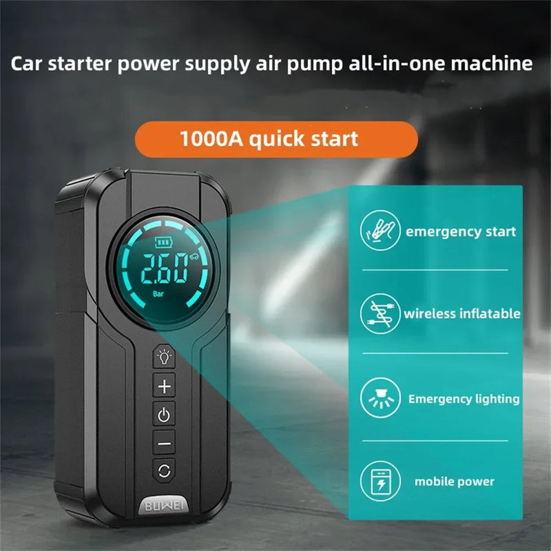 4-in-1 Car Jump Starter with Air Compressor - Emergency Battery Booster, USB Power Bank & LED Light - Essential Car Kit