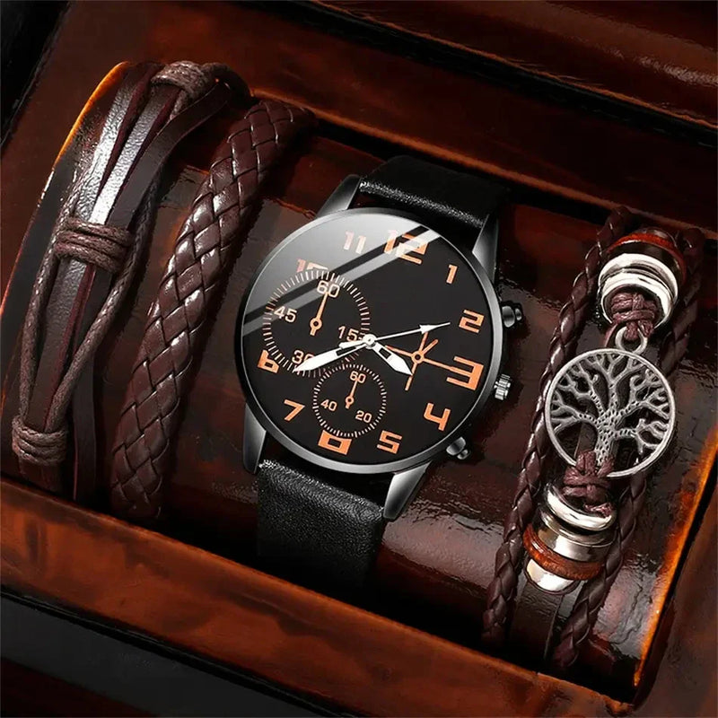 5 Pcs Men's Retro Quartz Watch & Bracelet Set