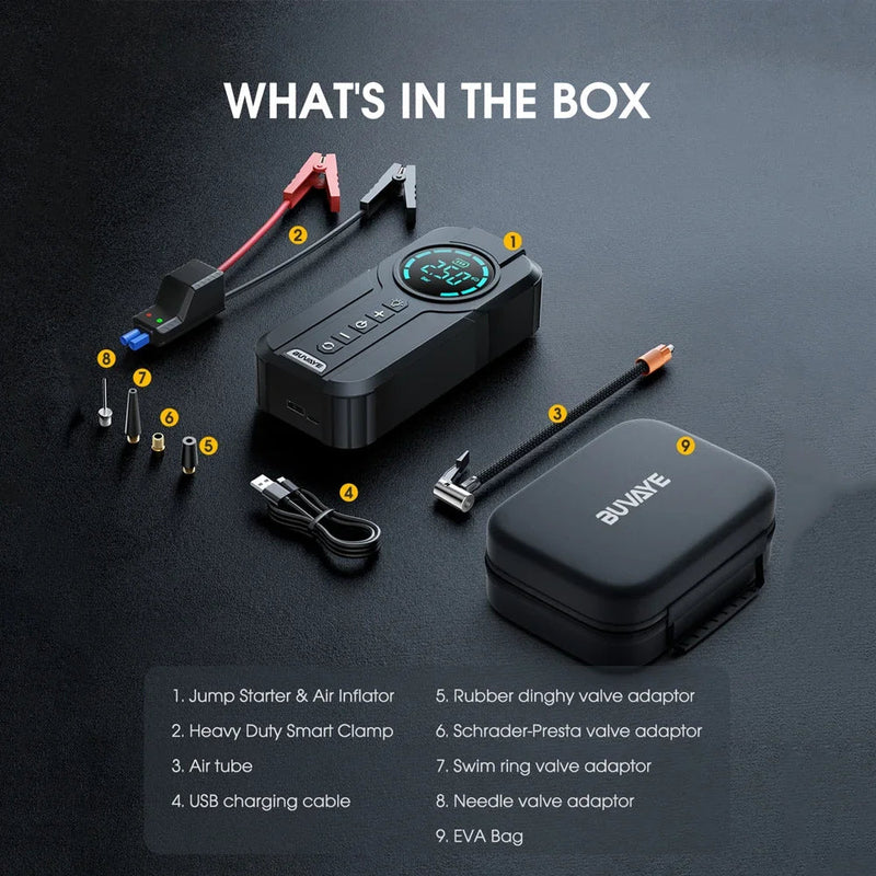 4-in-1 Car Jump Starter with Air Compressor - Emergency Battery Booster, USB Power Bank & LED Light - Essential Car Kit