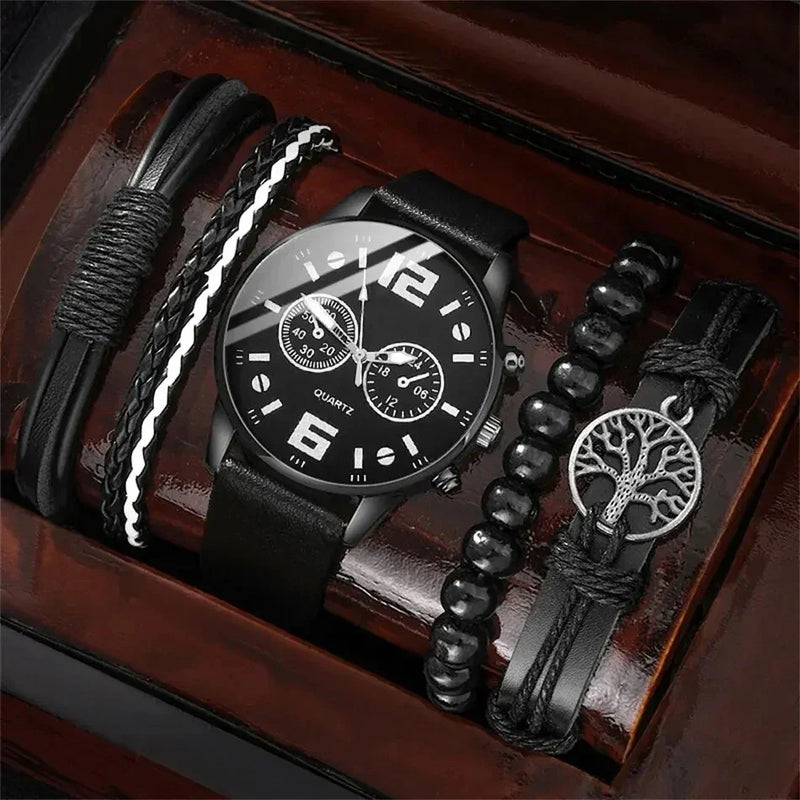 5 Pcs Men's Retro Quartz Watch & Bracelet Set