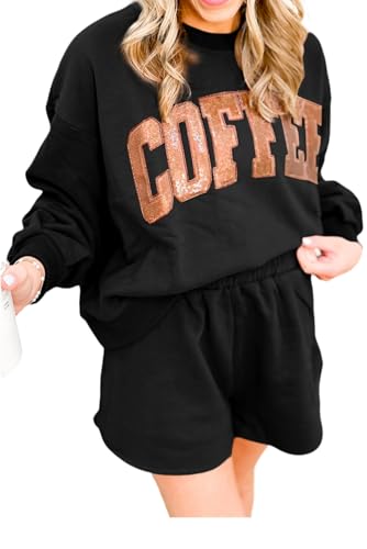 Coffee Letter Round Neck Two-Piece Set – Autumn & Spring Loose Fit Sweatshirt + Shorts for Relaxed Streetwear Vibes