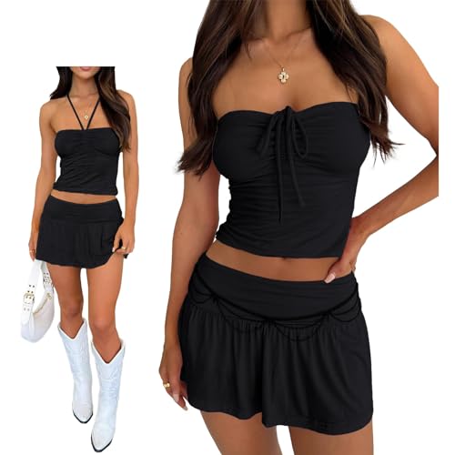 Summer Ruched Strapless Tube Top & Pleated Mini Skirt – Sexy Two-Piece Matching Outfit for Trendy Women