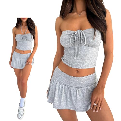 Summer Ruched Strapless Tube Top & Pleated Mini Skirt – Sexy Two-Piece Matching Outfit for Trendy Women