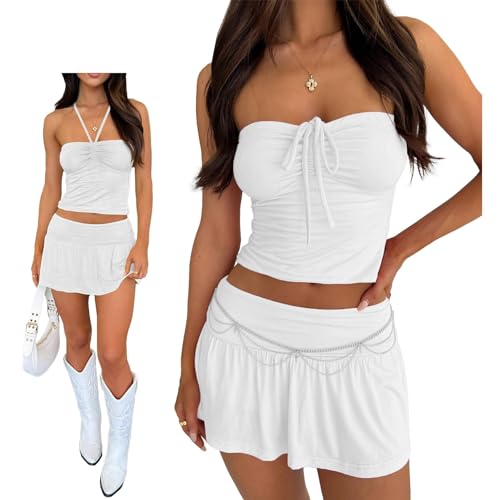 Summer Ruched Strapless Tube Top & Pleated Mini Skirt – Sexy Two-Piece Matching Outfit for Trendy Women