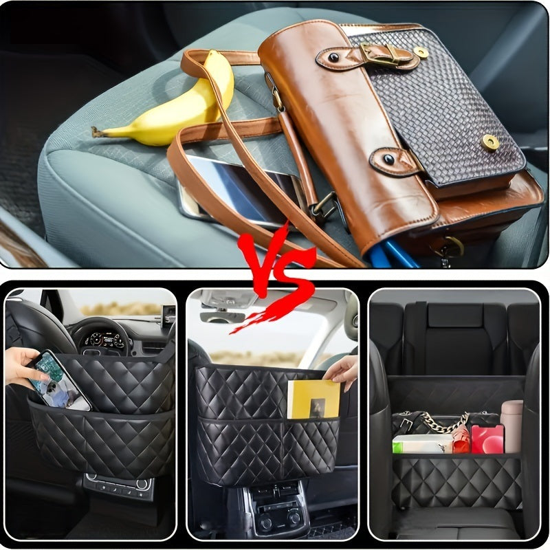PU Leather Car Backseat Organizer – Quilted Diamond-Stitch Design with Mesh Pockets, Handbag Holder & Extra Storage for Cars/SUVs