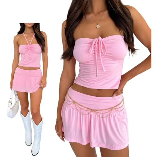 Summer Ruched Strapless Tube Top & Pleated Mini Skirt – Sexy Two-Piece Matching Outfit for Trendy Women