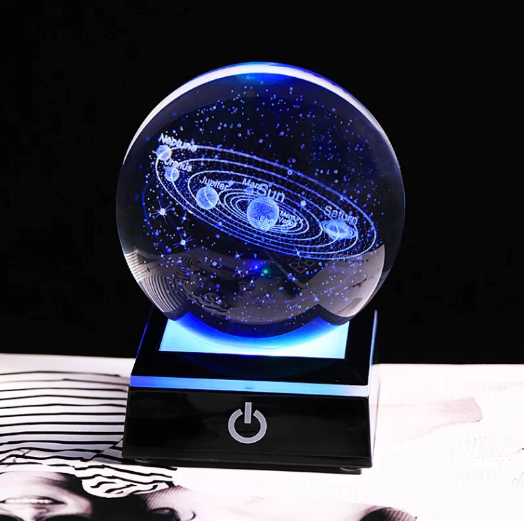 3D Laser Crystal Ball Solar System Model with Touch Switch LED Light Base